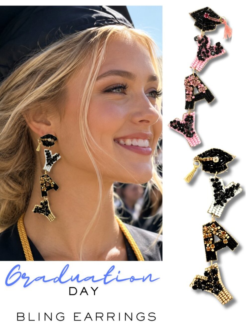 4" Long Graduation Congrats Day Pink or White Rhinestone Beaded Earrings NEW